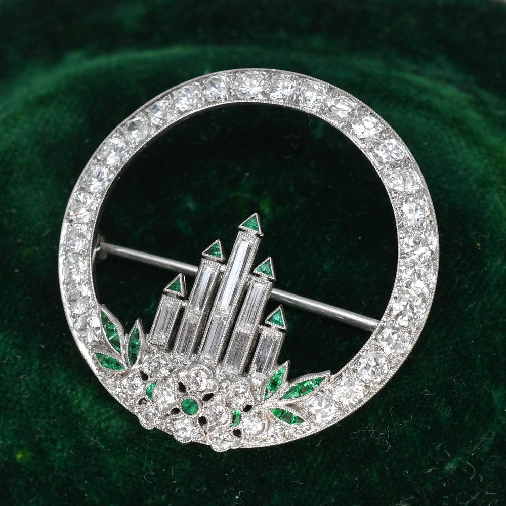 Art Deco Diamond & Emerald Advent Candle Wreath Brooch
