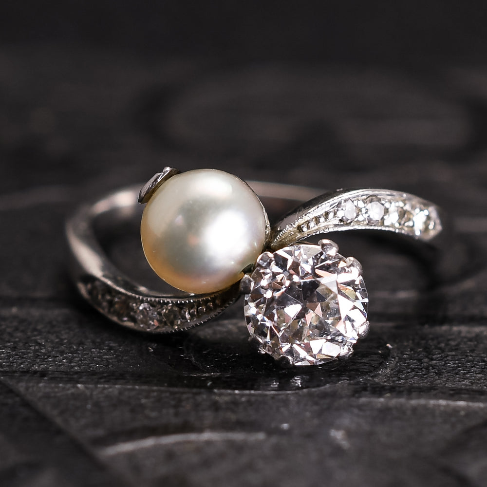Edwardian Diamond & Pearl Crossover Ring