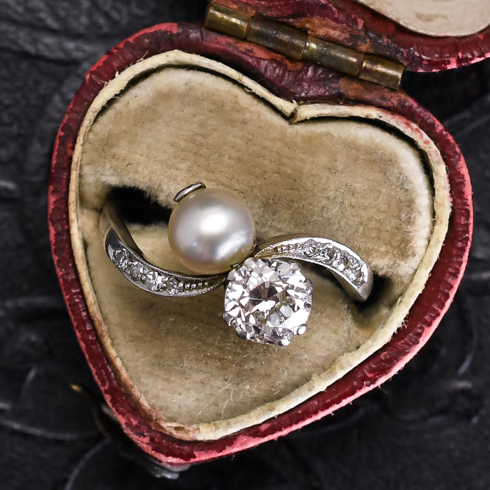 Edwardian Diamond & Pearl Crossover Ring