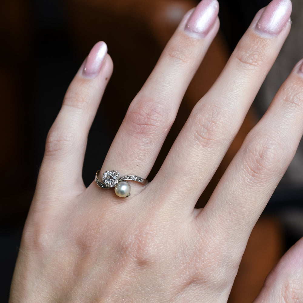 Edwardian Diamond & Pearl Crossover Ring