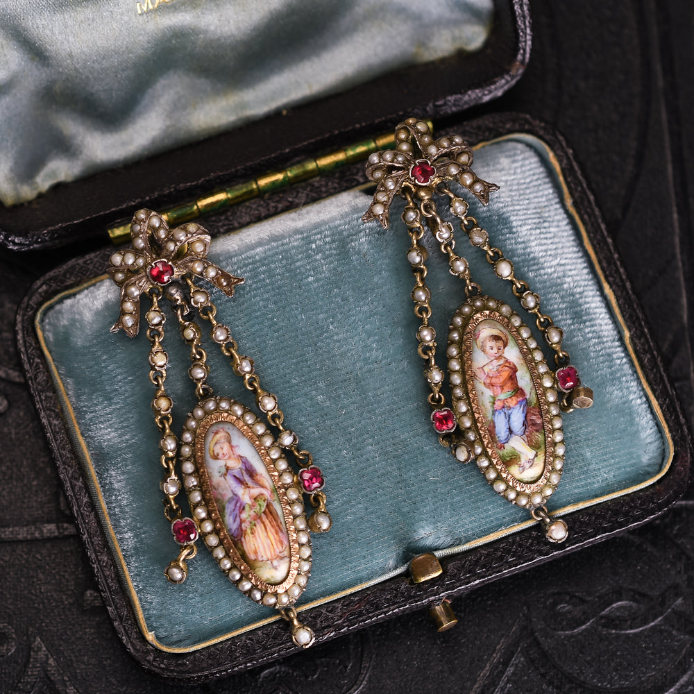 Georgian French Enamel & Paste Portrait Miniature Earrings