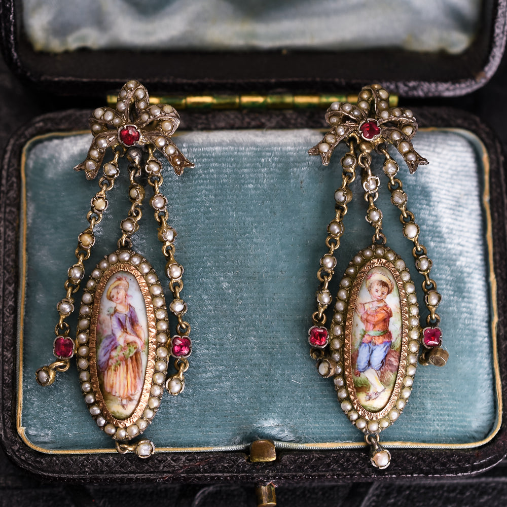Georgian French Enamel & Paste Portrait Miniature Earrings