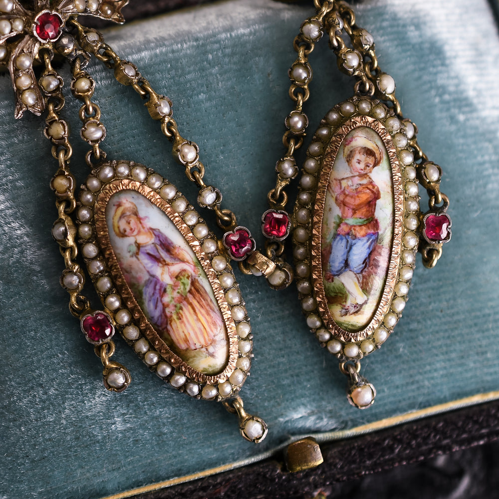 Georgian French Enamel & Paste Portrait Miniature Earrings