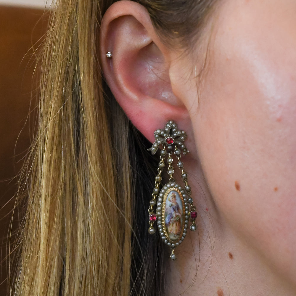 Georgian French Enamel & Paste Portrait Miniature Earrings