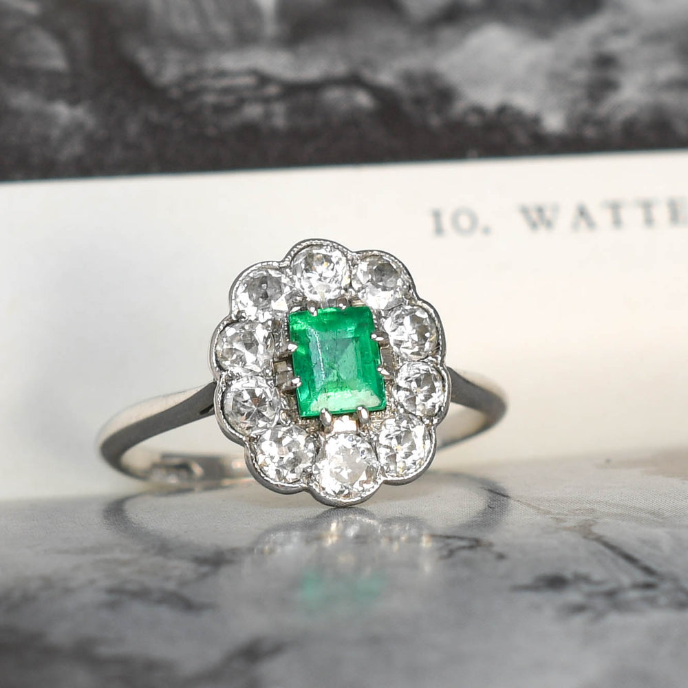 1920's Emerald & Diamond Daisy Cluster Ring