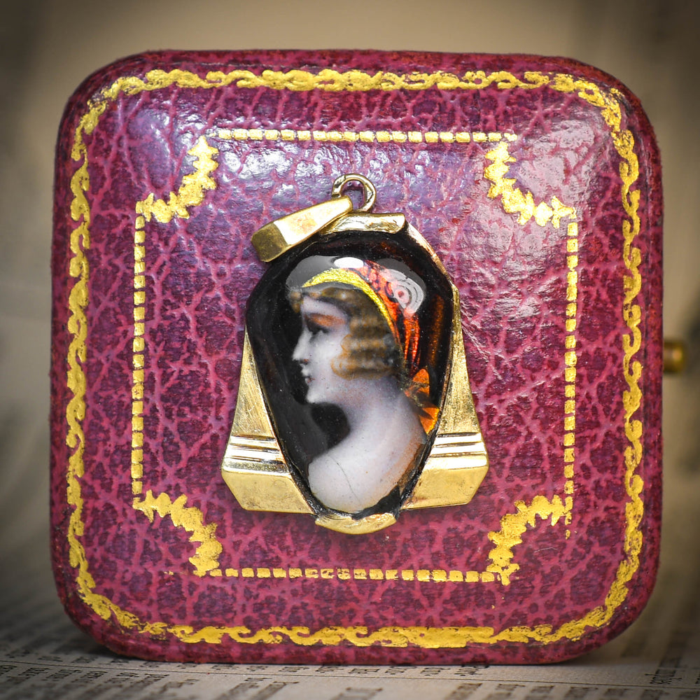 1920's French Limoges Enamel Portrait Pendant
