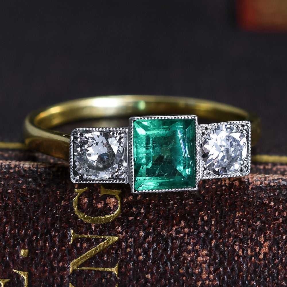 Art Deco Emerald & Diamond Three-Stone Ring
