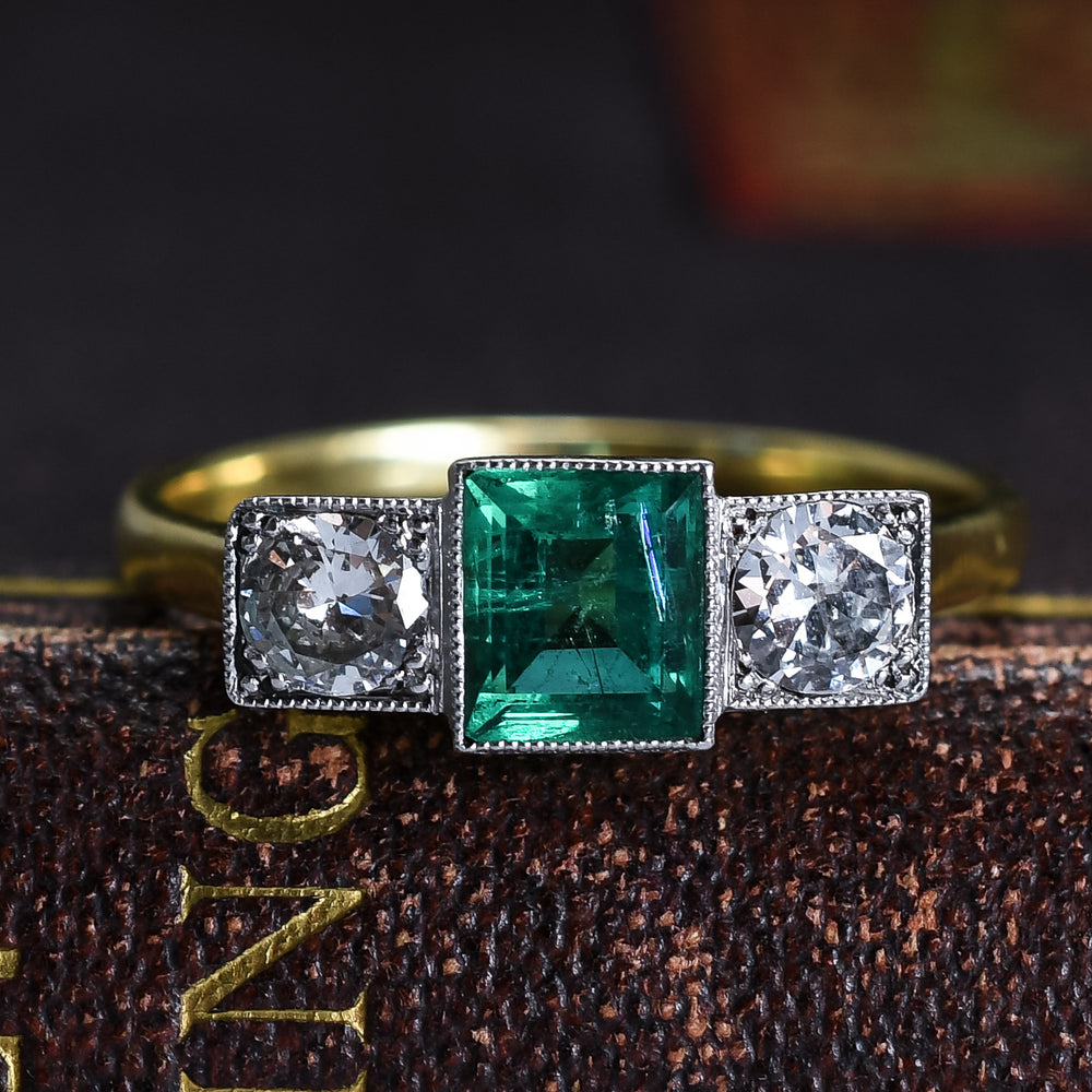 Art Deco Emerald & Diamond Three-Stone Ring