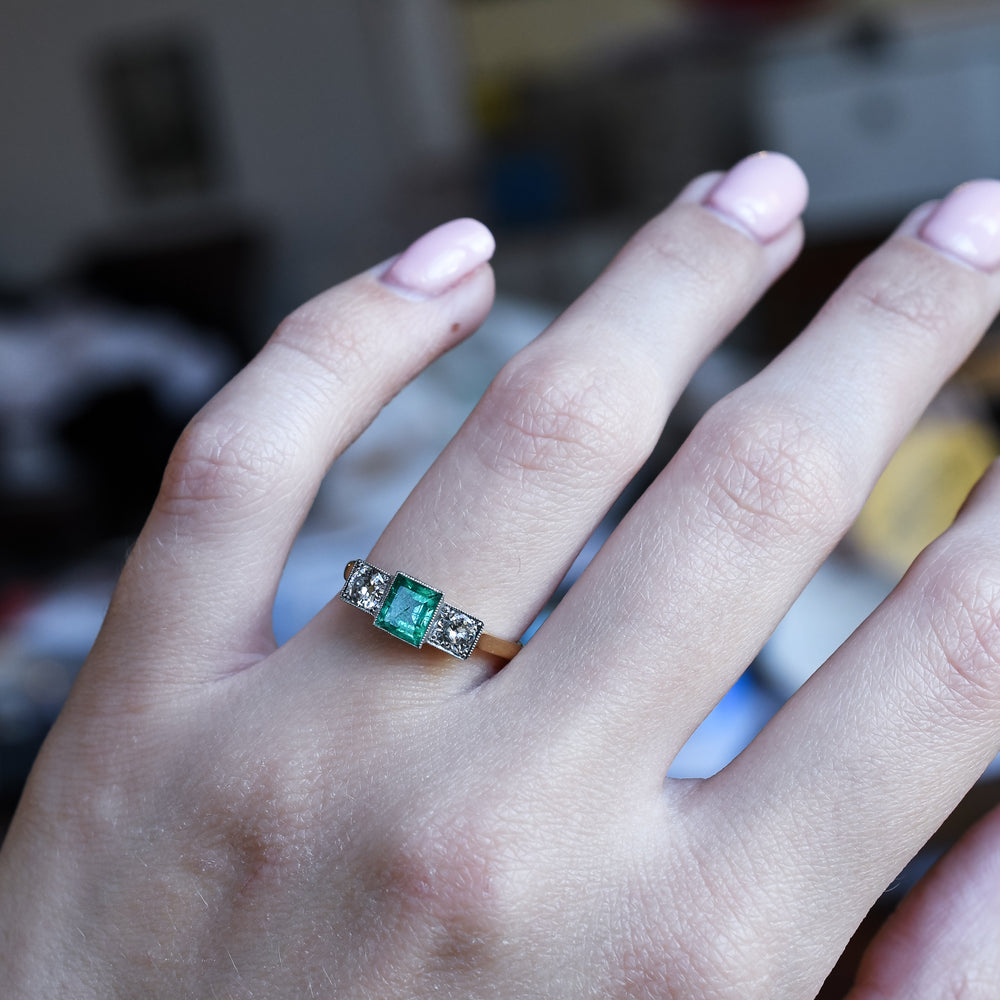 Art Deco Emerald & Diamond Three-Stone Ring