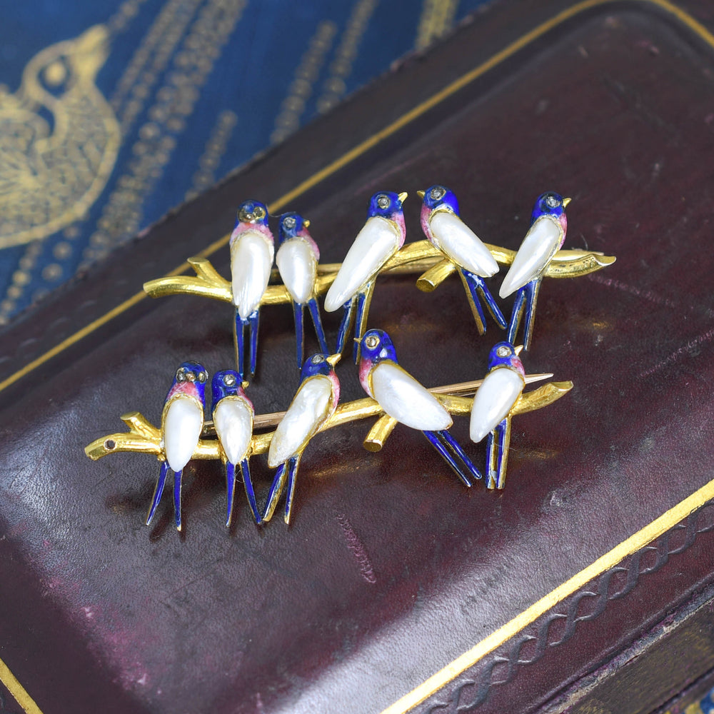 Victorian Pearl, Diamond & Enamel 15k Bird Brooches