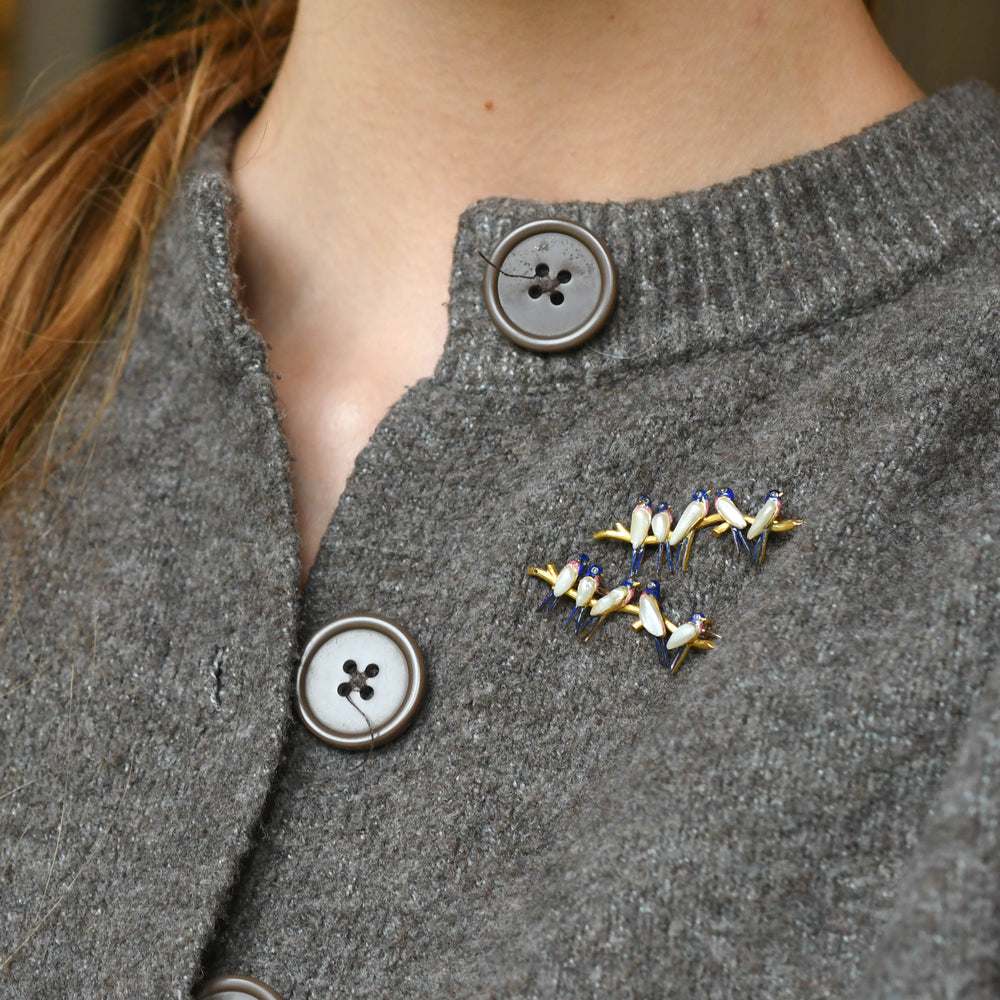 Victorian Pearl, Diamond & Enamel 15k Bird Brooches