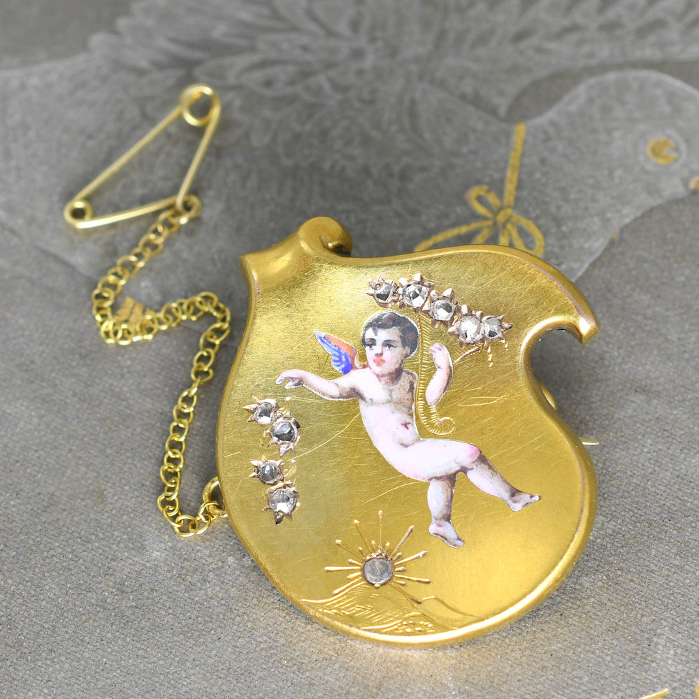 Victorian Rose Cut Diamond & Enamel Cherub Brooch