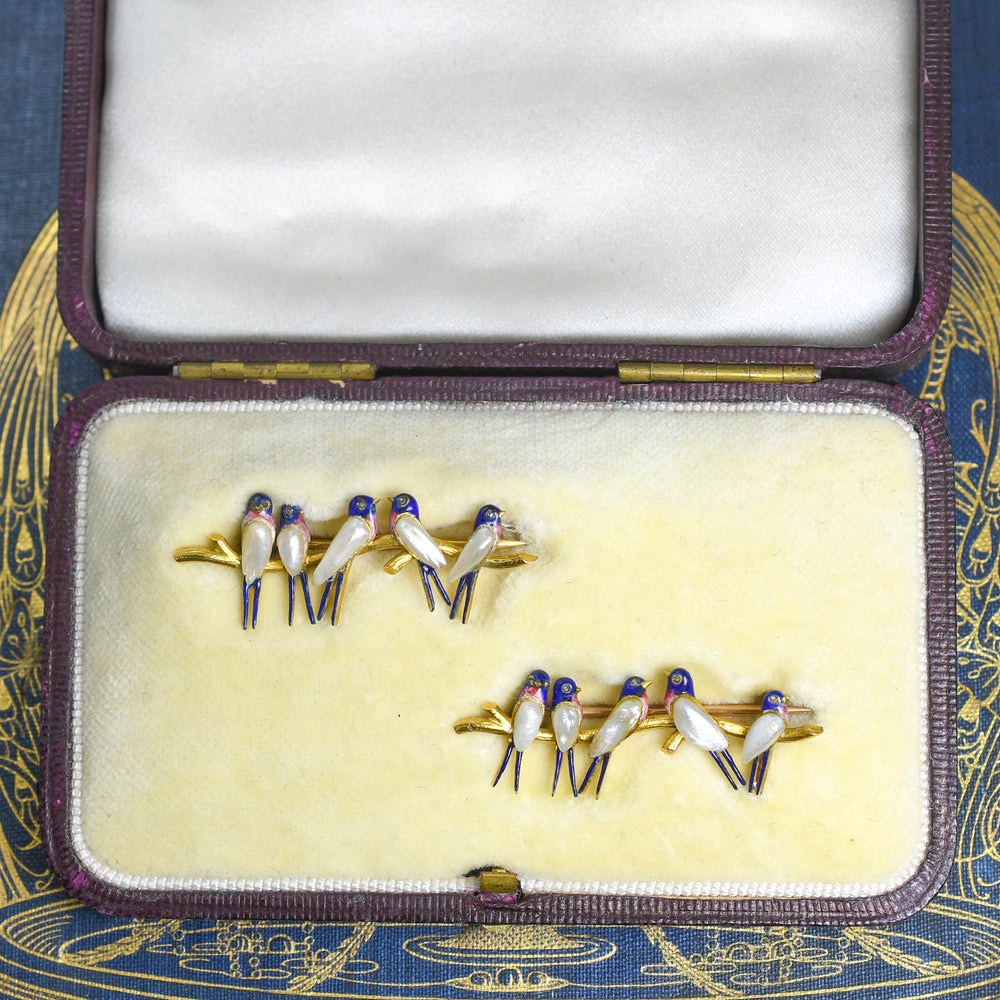 Victorian Pearl, Diamond & Enamel 15k Bird Brooches