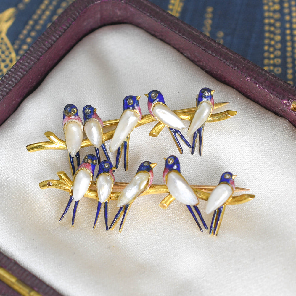 Victorian Pearl, Diamond & Enamel 15k Bird Brooches