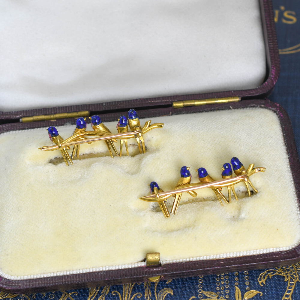 Victorian Pearl, Diamond & Enamel 15k Bird Brooches