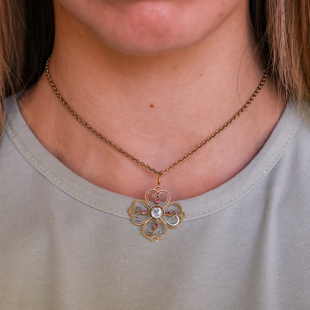 Edwardian Aquamarine & Ruby Flower Pendant
