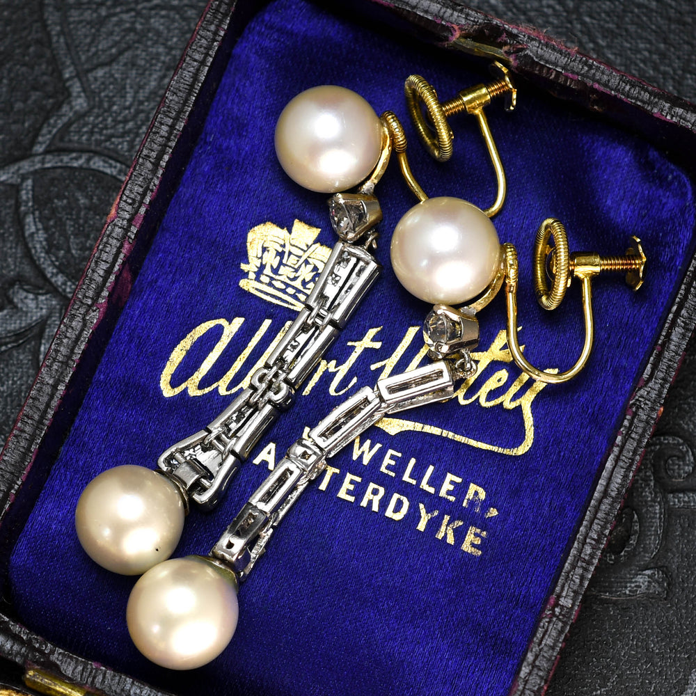 Art Deco Pearl & Diamond Drop Earrings