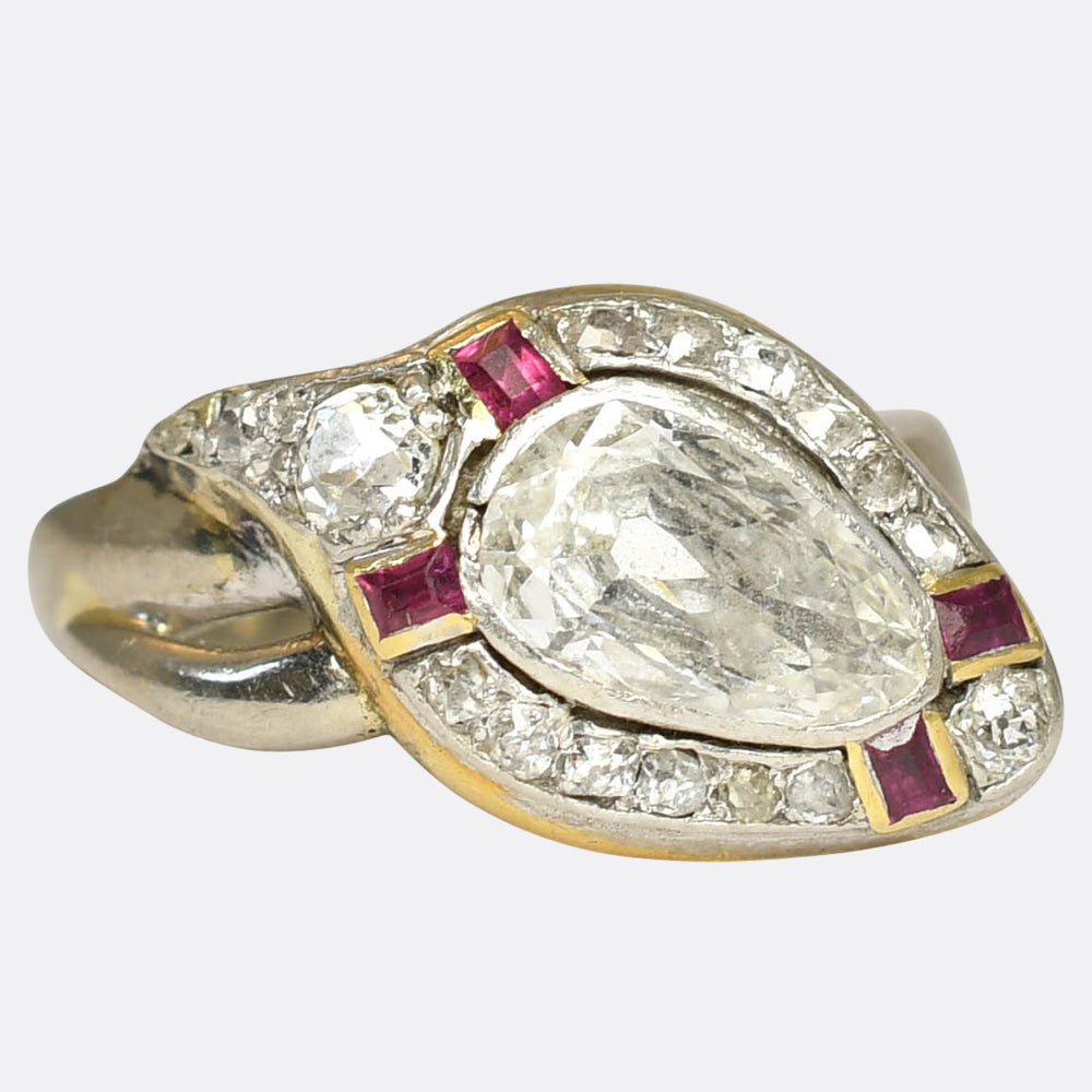 Incredible Old Mine Pear Diamond & Ruby Snake Ring