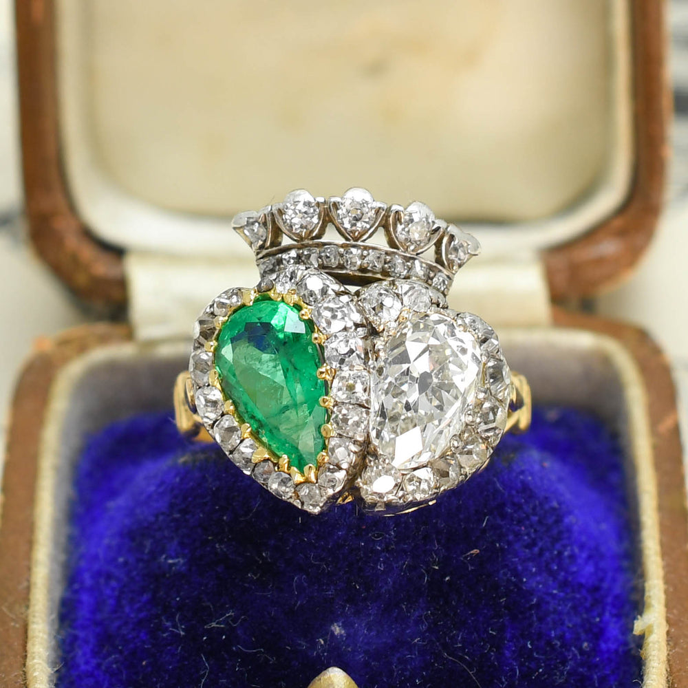 Exceptional Antique Emerald & Diamond Double Heart Ring