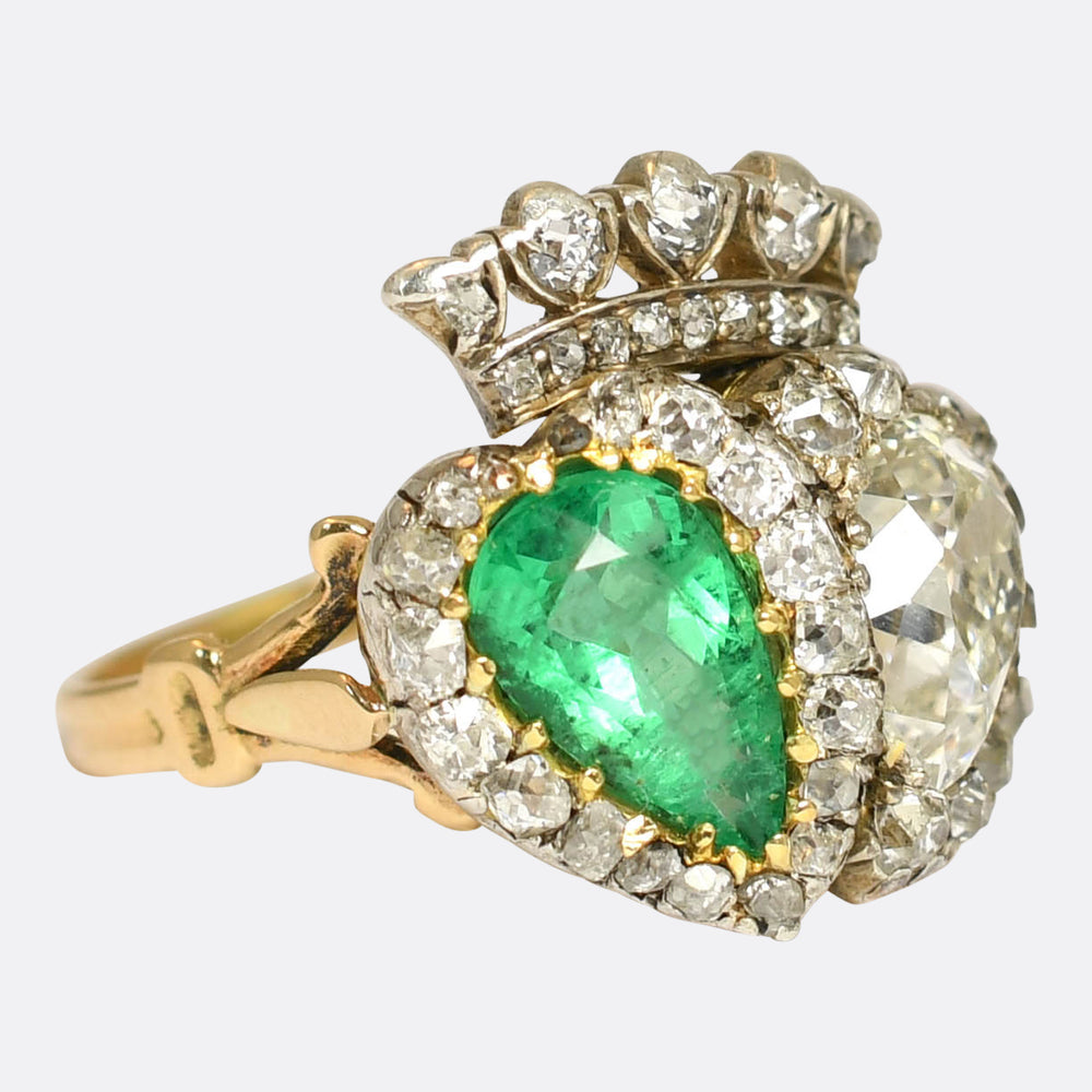 Exceptional Antique Emerald & Diamond Double Heart Ring