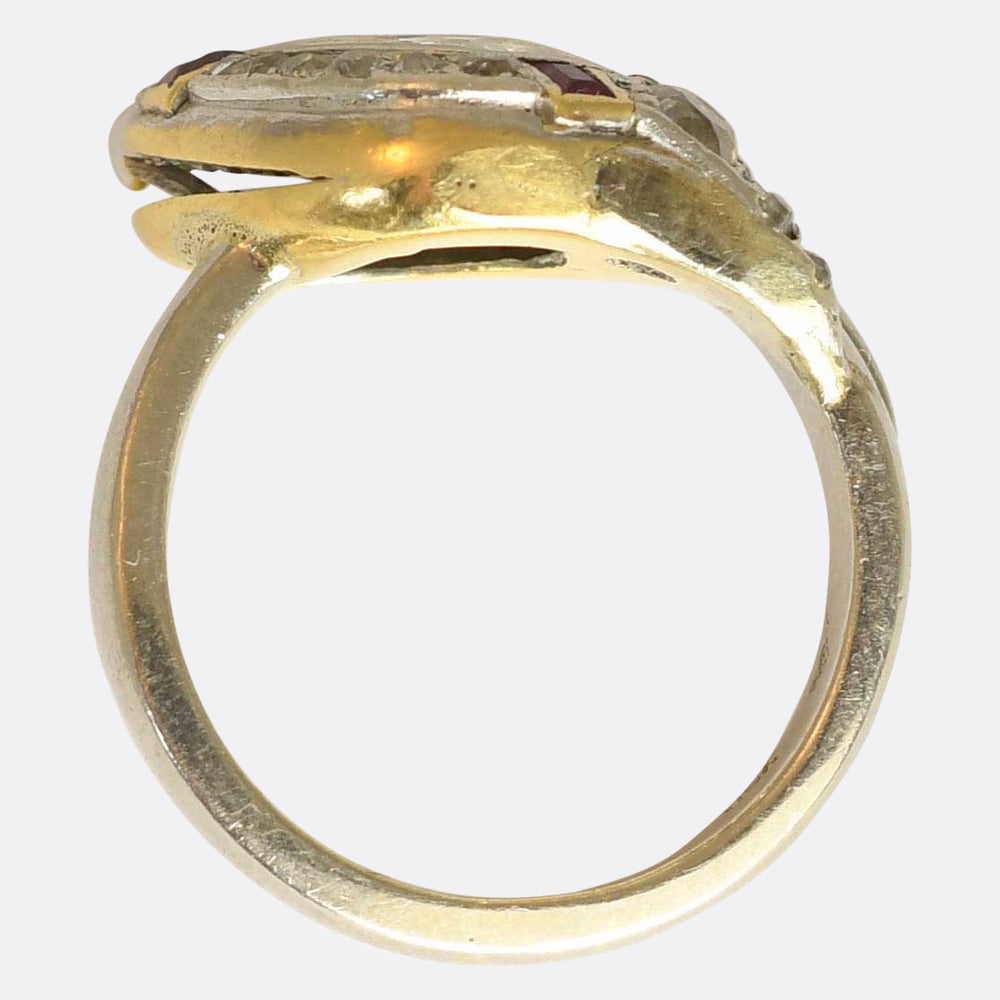 Incredible Old Mine Pear Diamond & Ruby Snake Ring