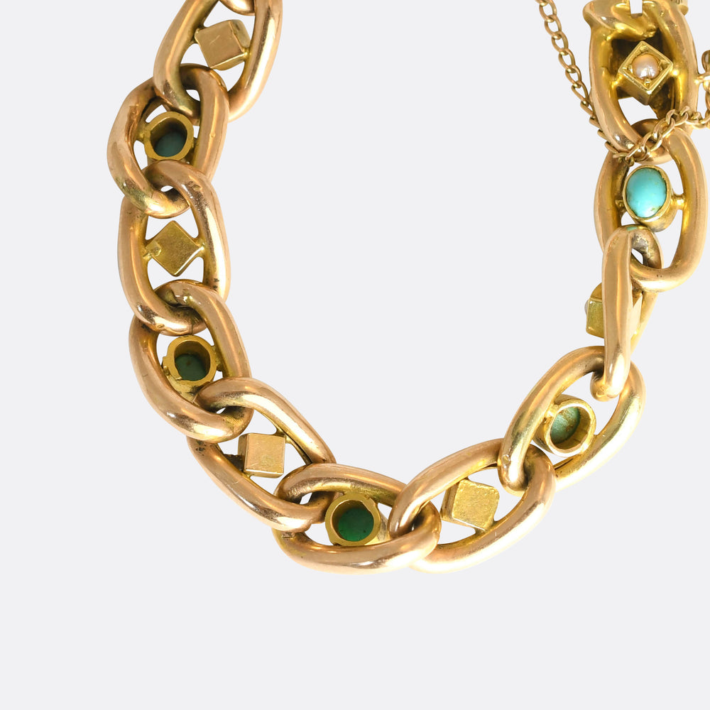 Edwardian Turquoise & Pearl 15k Curb-Link Bracelet