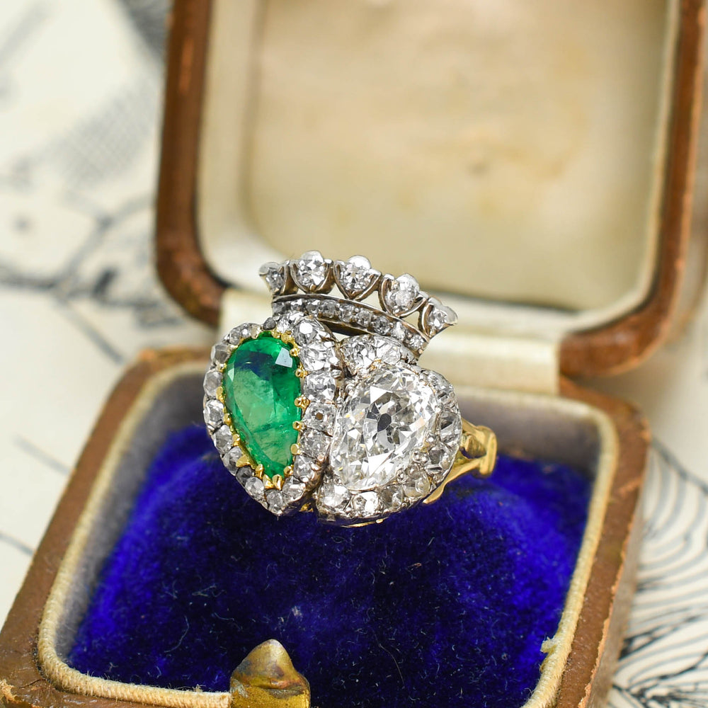 Exceptional Antique Emerald & Diamond Double Heart Ring