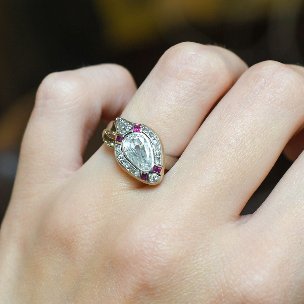 Incredible Old Mine Pear Diamond & Ruby Snake Ring