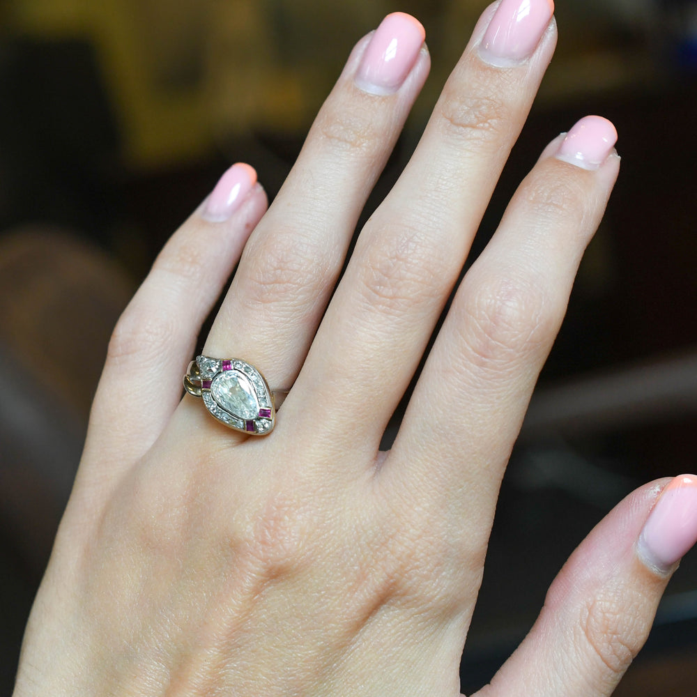 Incredible Old Mine Pear Diamond & Ruby Snake Ring