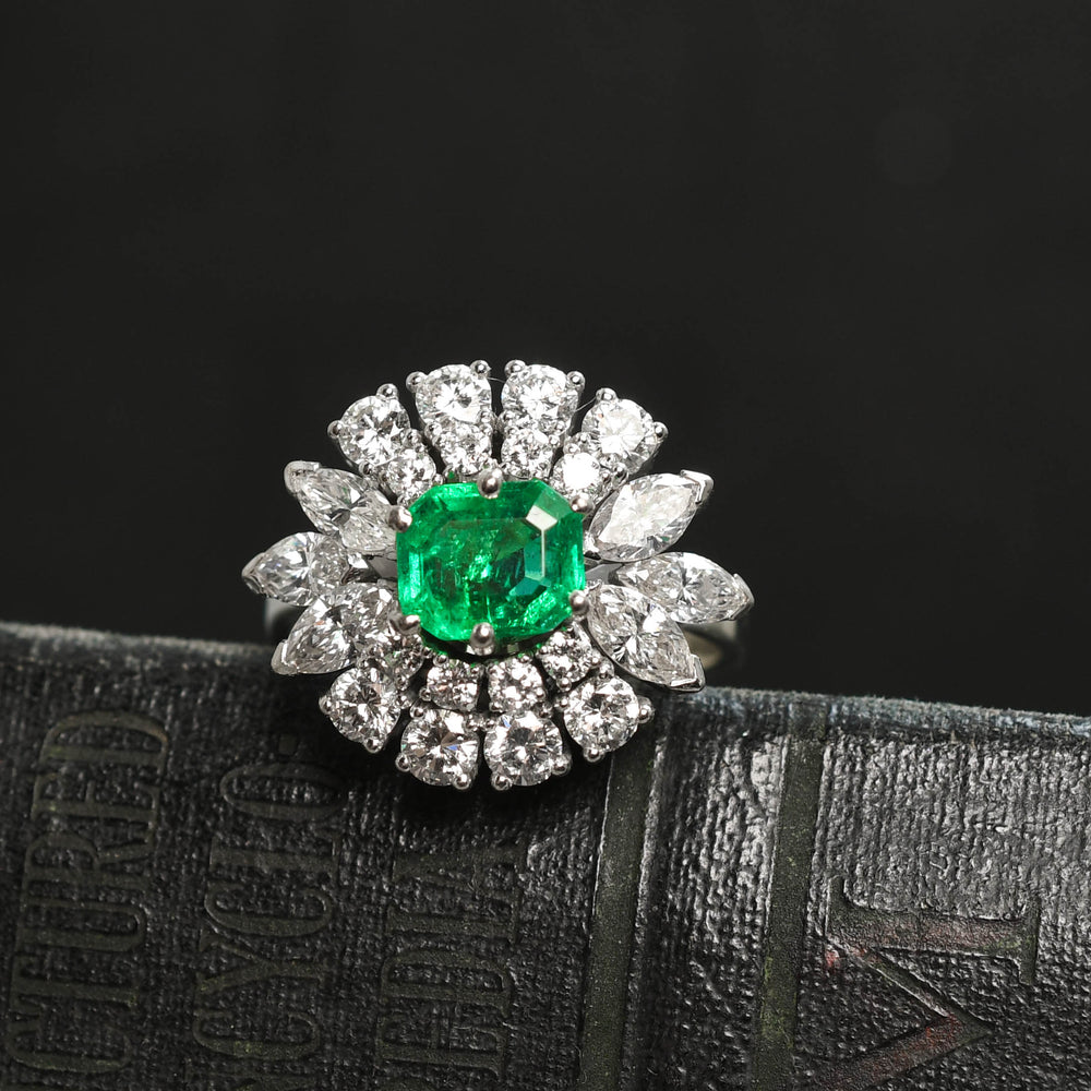 Vintage Emerald & Diamond Cocktail Cluster Ring