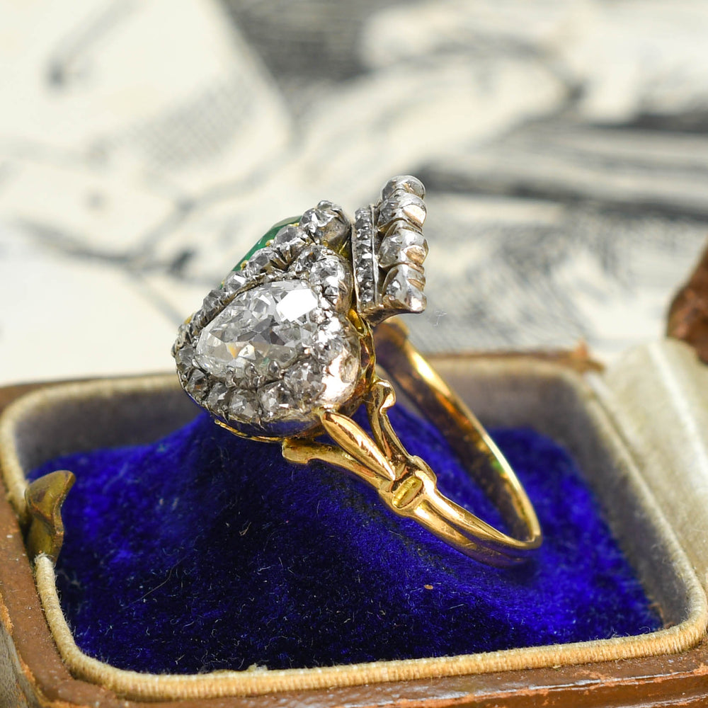 Exceptional Antique Emerald & Diamond Double Heart Ring
