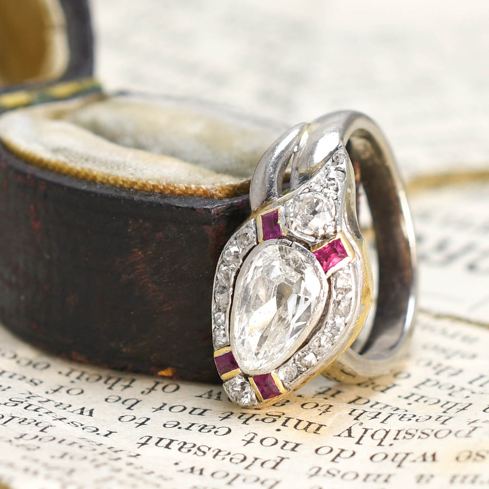 Incredible Old Mine Pear Diamond & Ruby Snake Ring