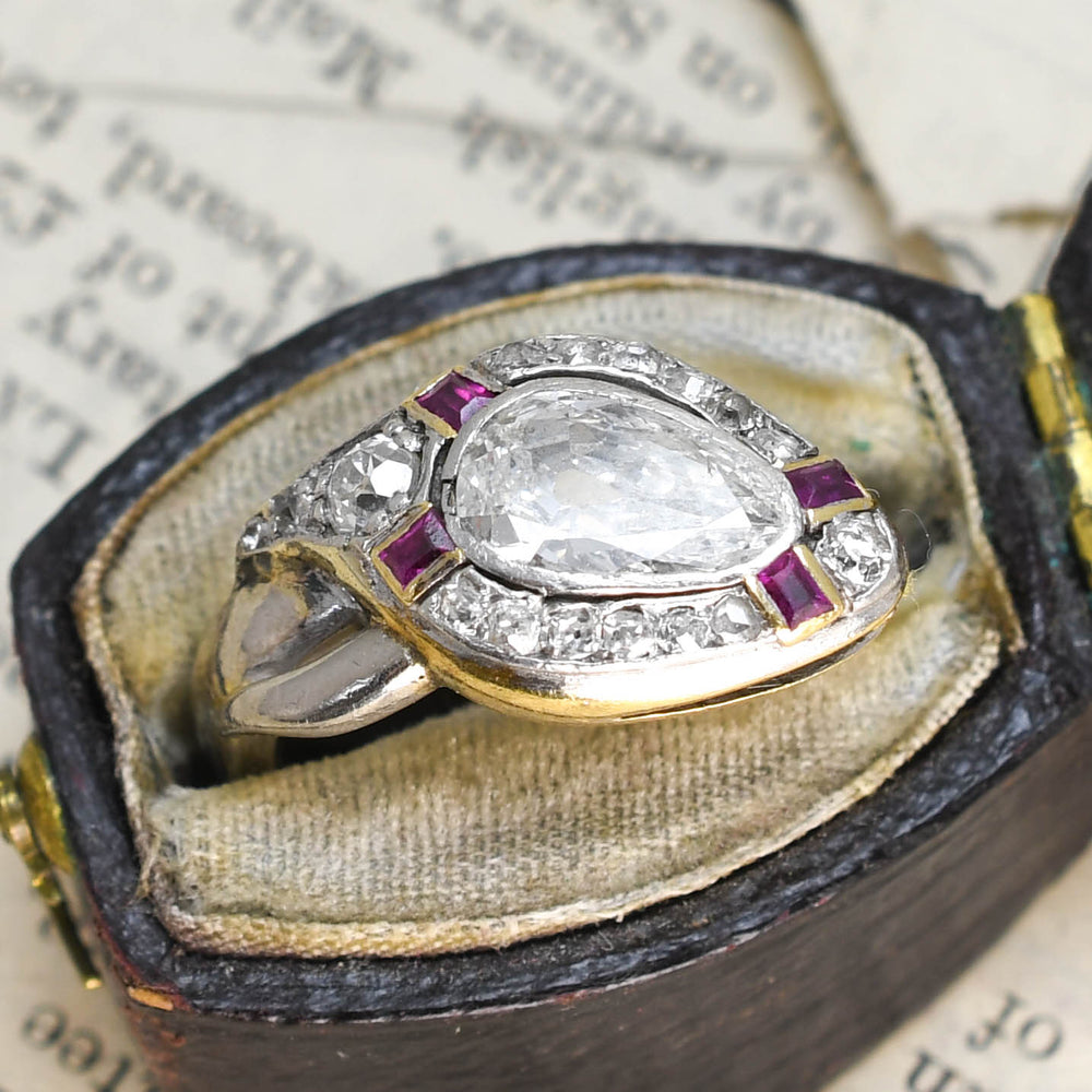 Incredible Old Mine Pear Diamond & Ruby Snake Ring