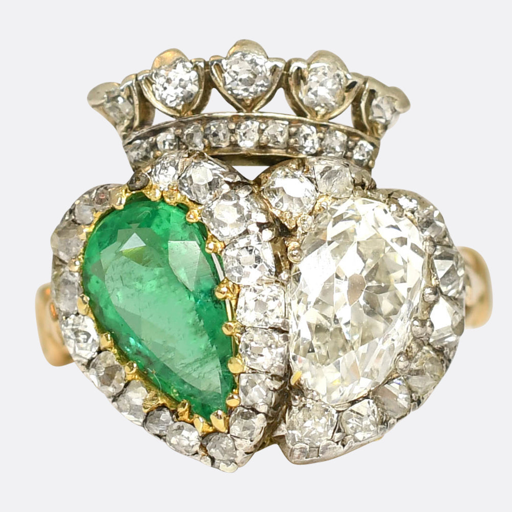 Exceptional Antique Emerald & Diamond Double Heart Ring