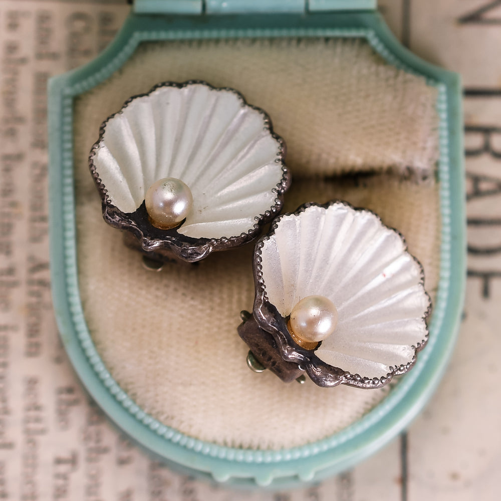 Art Deco Enamel & Pearl Scallop Shell Earrings
