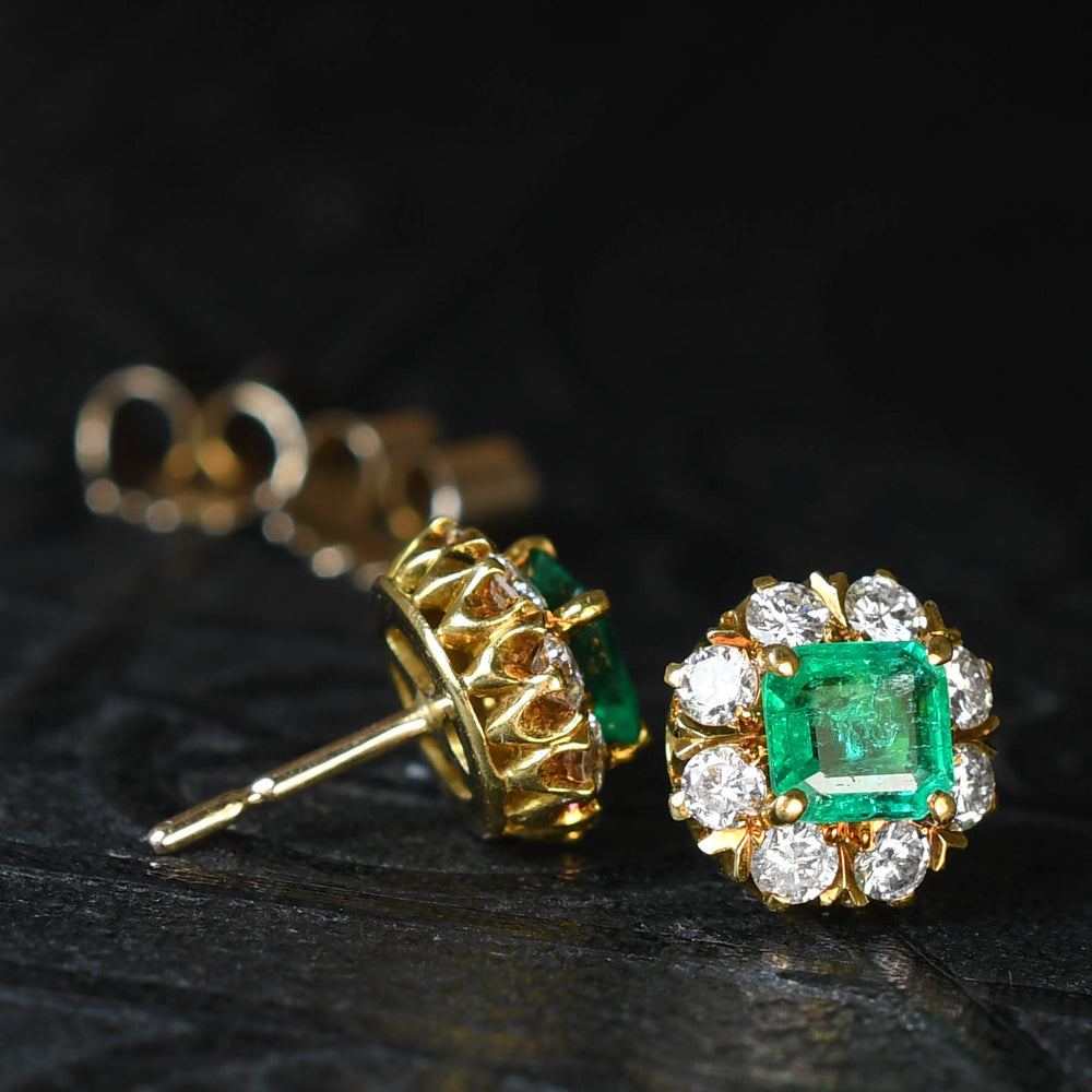 1920's Colombian Emerald & Diamond Cluster Stud Earrings
