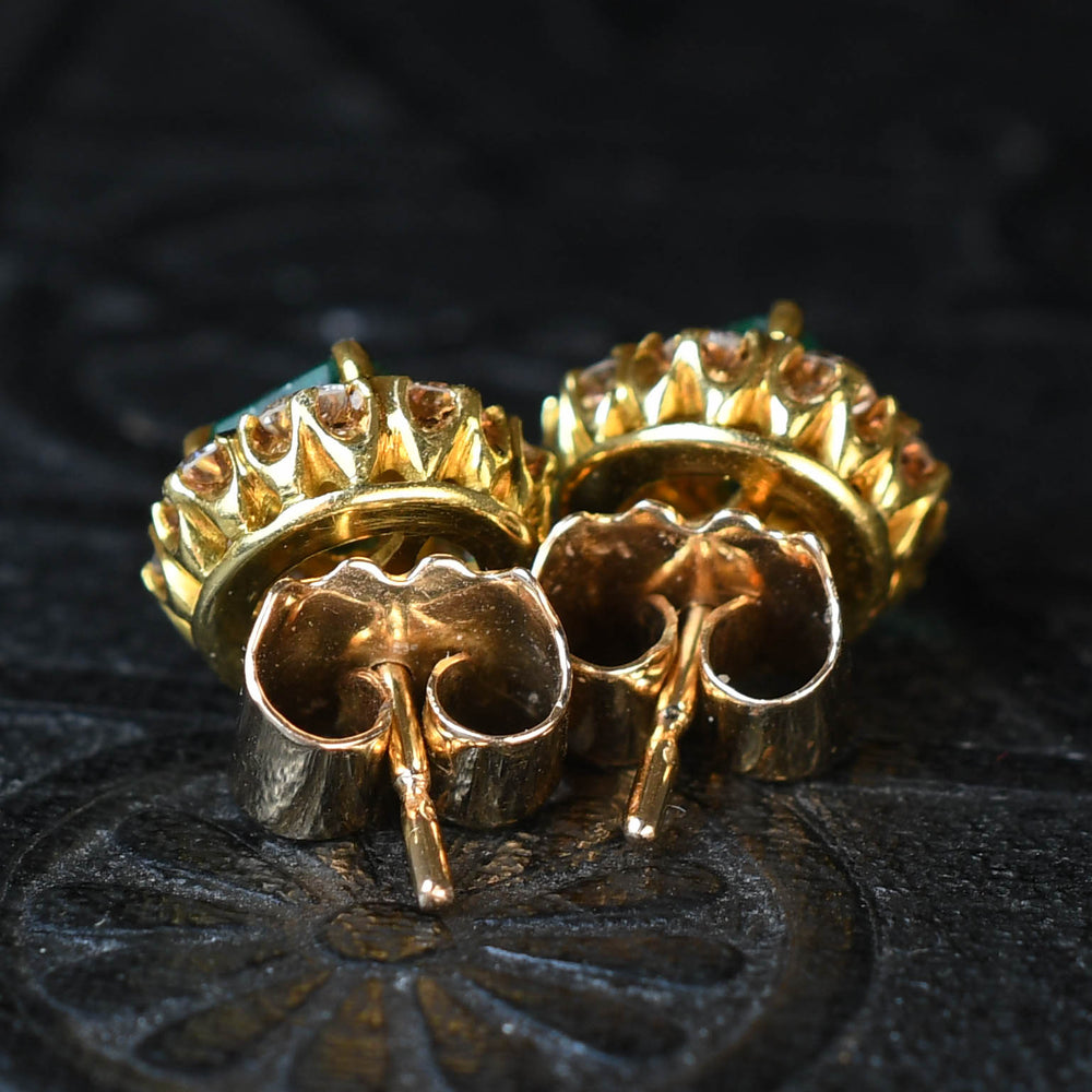 1920's Colombian Emerald & Diamond Cluster Stud Earrings