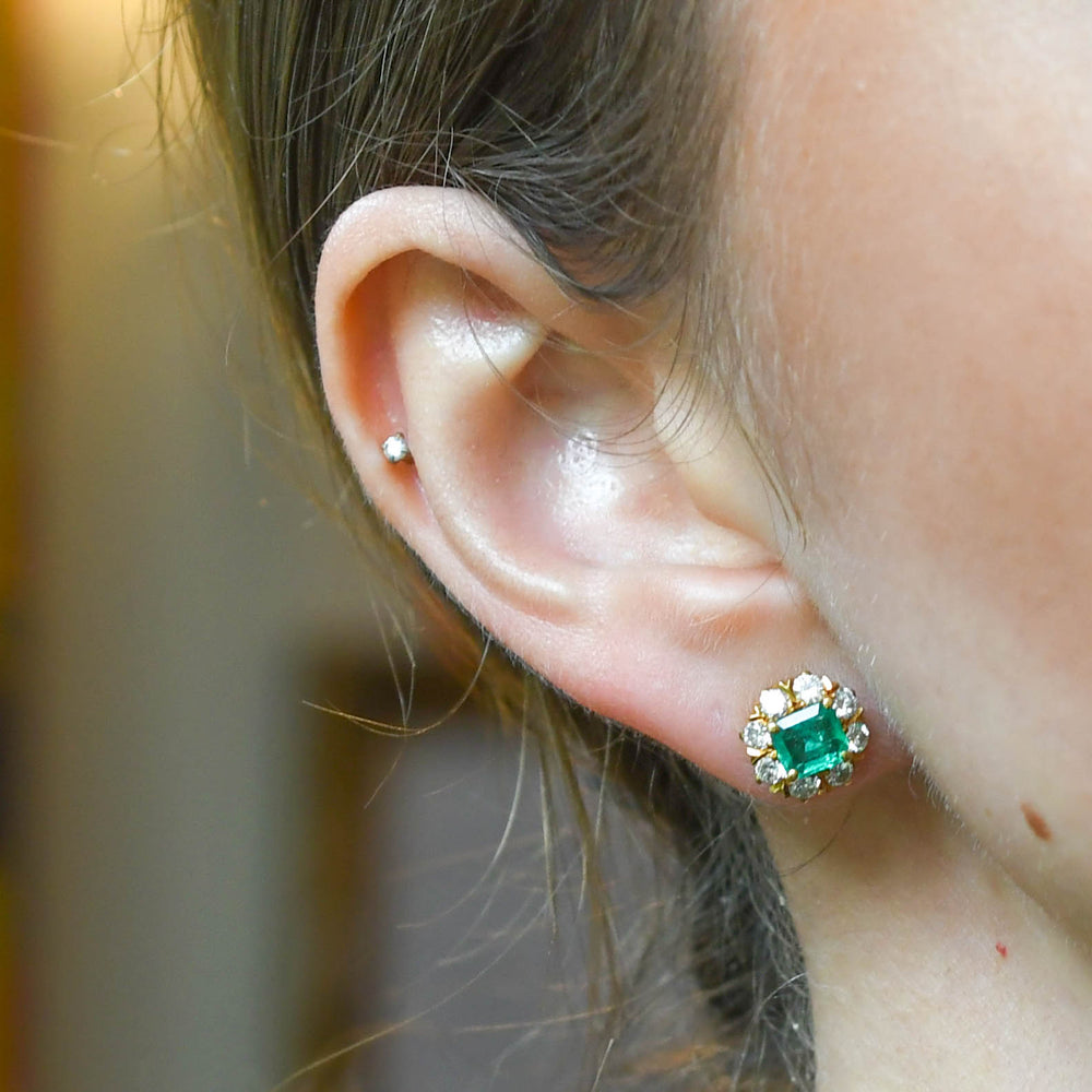 1920's Colombian Emerald & Diamond Cluster Stud Earrings