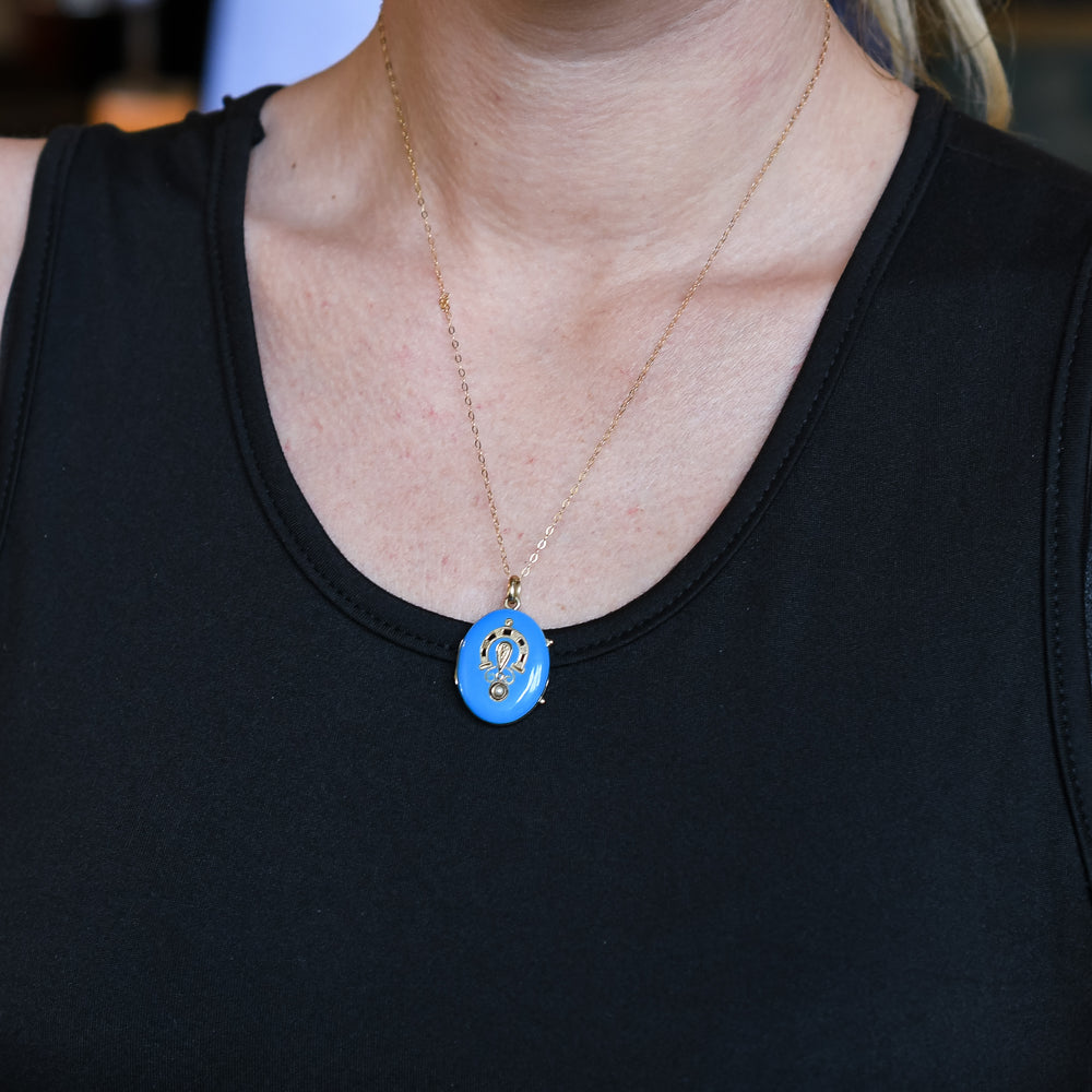 Victorian Turquoise & Pearl Enamel Lucky Horseshoe Locket