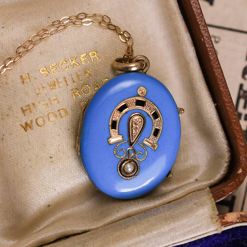 Victorian Turquoise & Pearl Enamel Lucky Horseshoe Locket