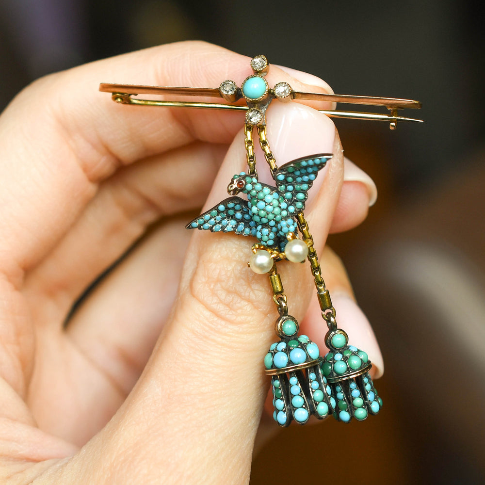 Victorian Pavé Turquoise, Pearl & Diamond Eagle Tassel Brooch