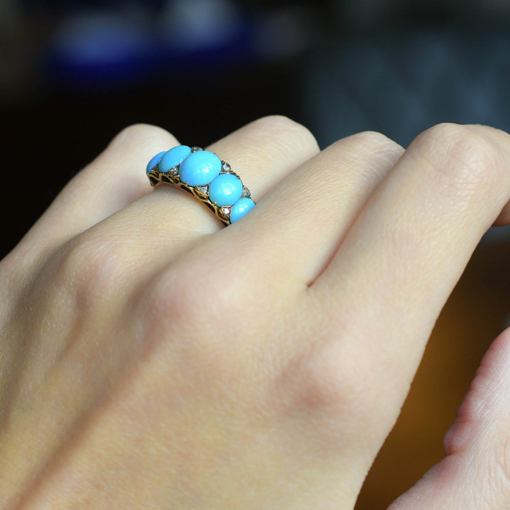 Victorian Turquoise & Diamond 5-Stone Half Hoop Ring