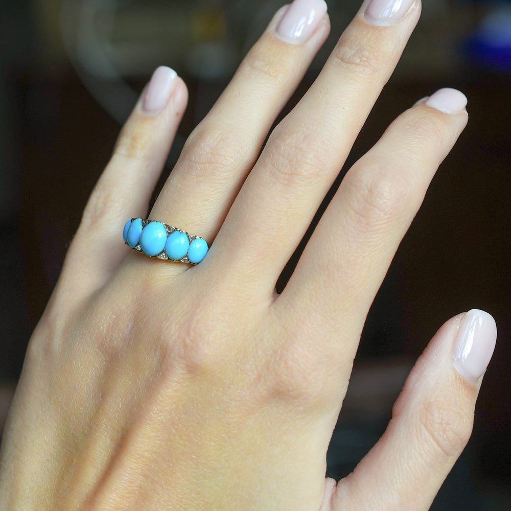 Victorian Turquoise & Diamond 5-Stone Half Hoop Ring