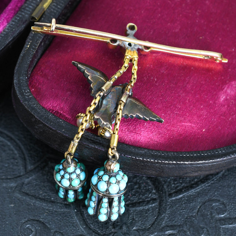 Victorian Pavé Turquoise, Pearl & Diamond Eagle Tassel Brooch