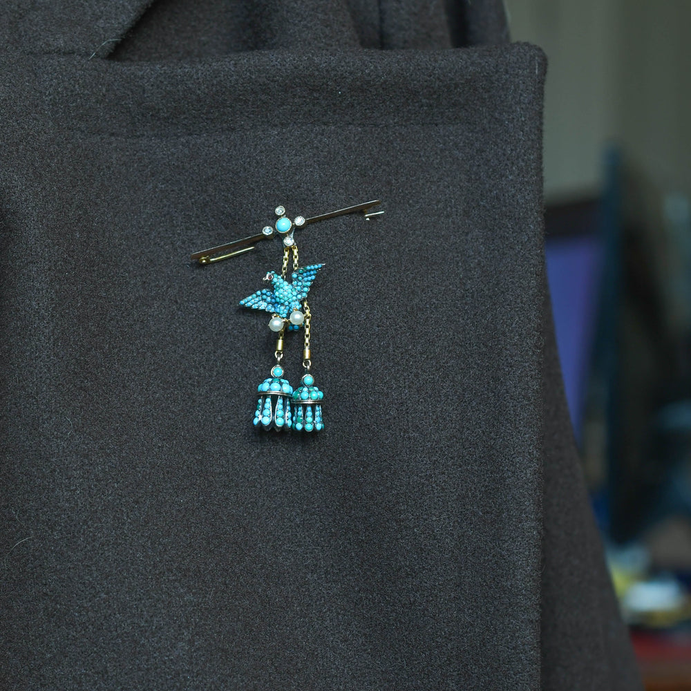 Victorian Pavé Turquoise, Pearl & Diamond Eagle Tassel Brooch
