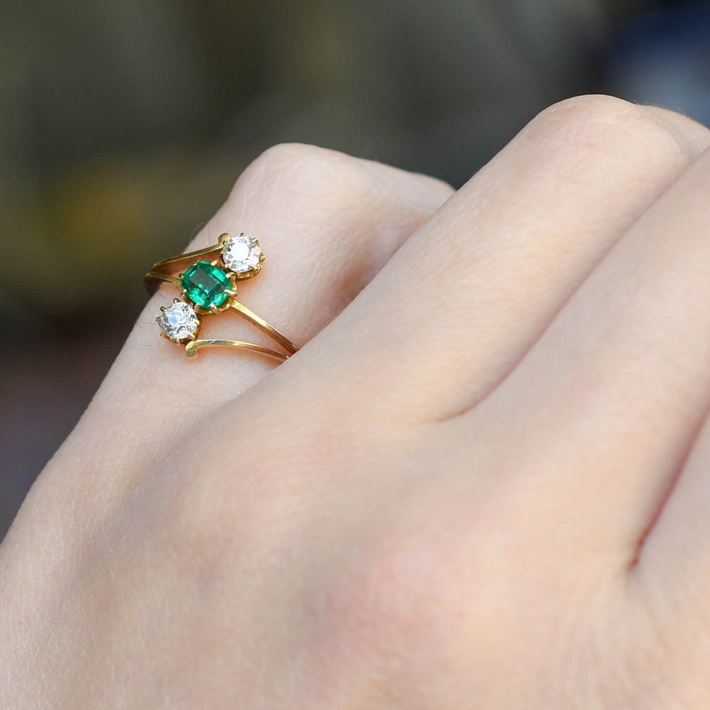 Art Nouveau Emerald & Diamond Trilogy Crossover Ring