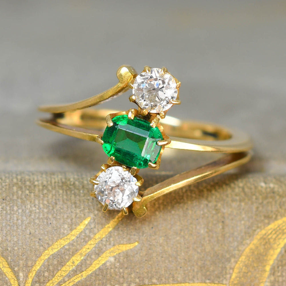 Art Nouveau Emerald & Diamond Trilogy Crossover Ring