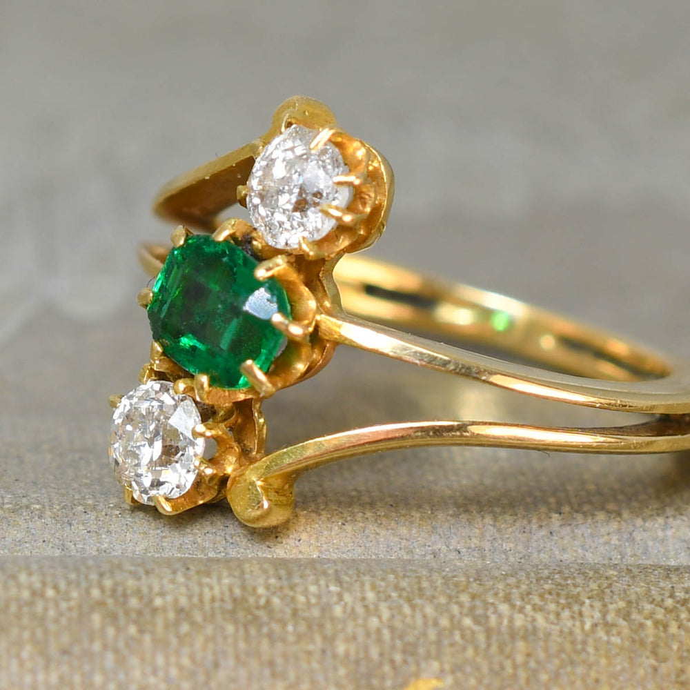 Art Nouveau Emerald & Diamond Trilogy Crossover Ring