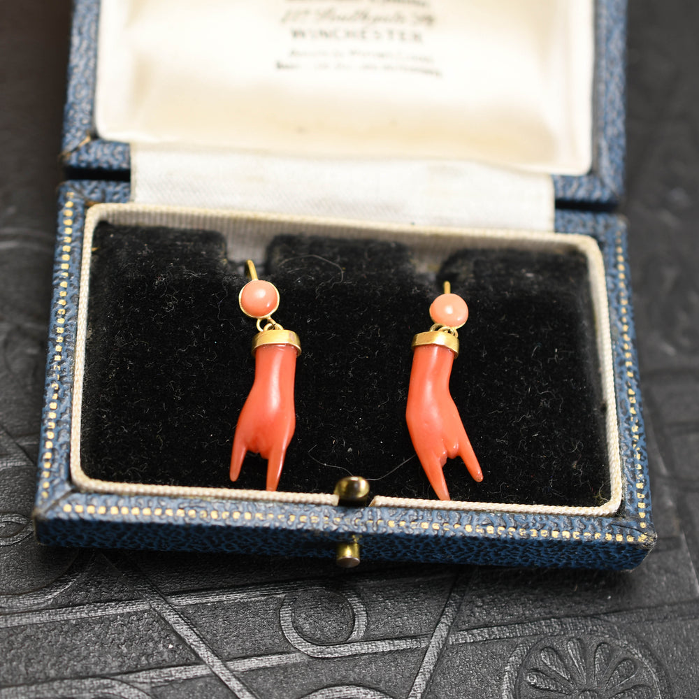 Victorian Coral & Gold Mano Figa Earrings