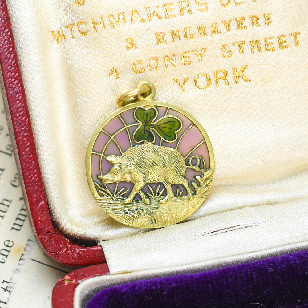 Antique Plique-à-Jour Enamel Lucky Pig Charm